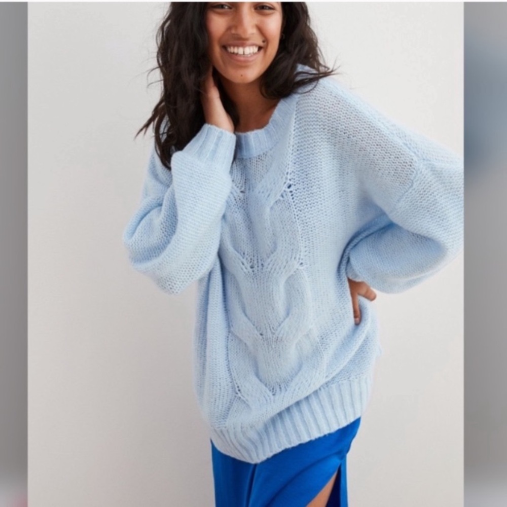 Aerie Oversized Cable Knit Sweater Light Blue